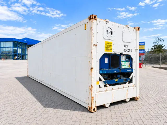 Container refrigerado de 40 pies High Cube en tres cuartos desde el lado del equipo de frío